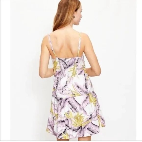 Loft Womens Paradise Tiered Mini Dress 6 Hawaiian Purple Palm Leaves Tent - Picture 2 of 9